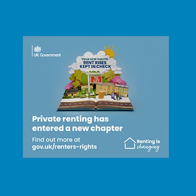 “UK Government banner featuring an illustrated street scene emerging from an open book, with the messages ‘Your new rights: rent rises kept in check’ and ‘Private renting has entered a new chapter’, directing people to gov.uk/renters-rights.”
