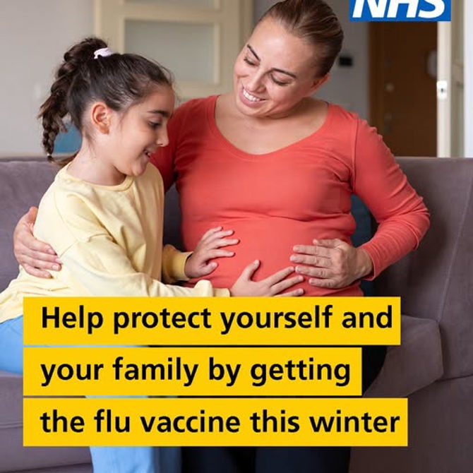 NHS poster promoting flu vaccination for families and pregnant people.