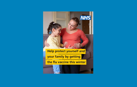 NHS poster promoting flu vaccination for families and pregnant people.
