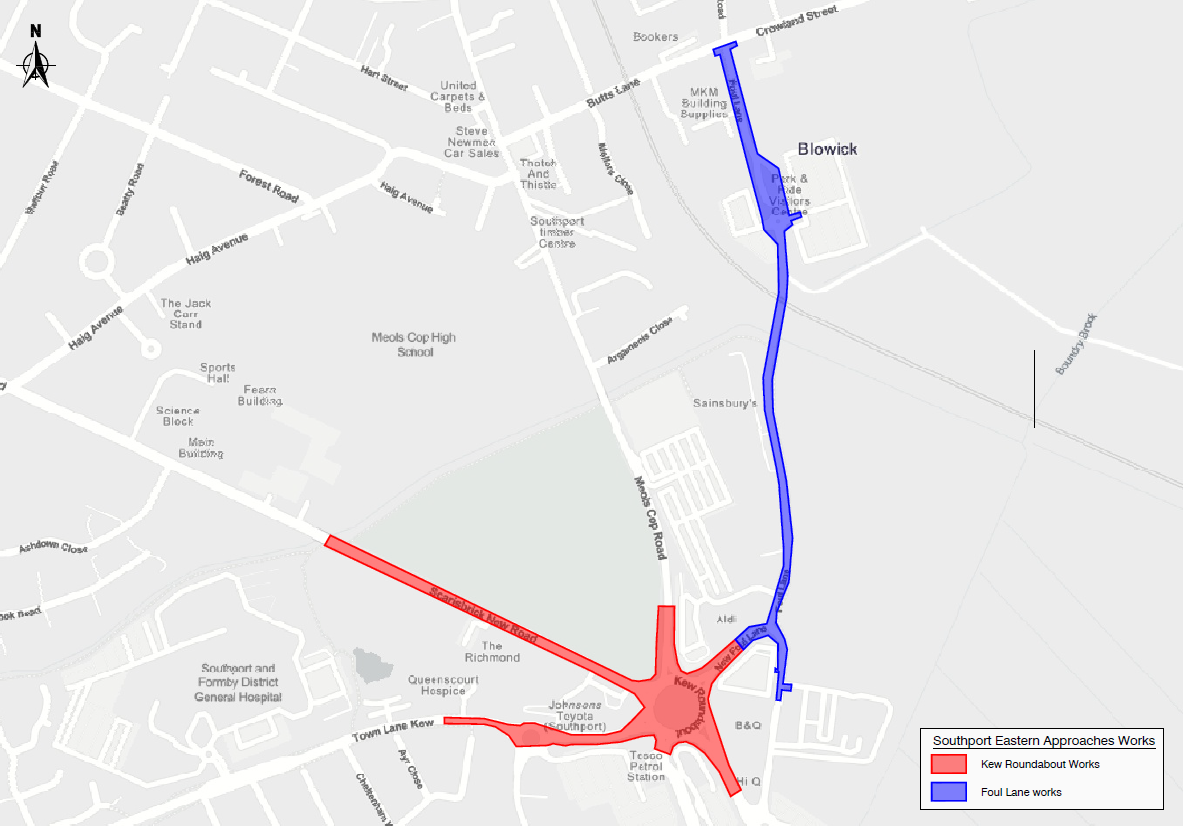 A map that highlights the works on Kew Roundabout, Scraisbrick new road and Foul Lane. 