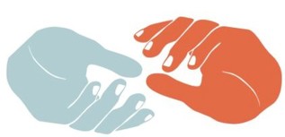 at the library logo is two hands about to grasp each other, one is pastel blue and the other is pastel orange