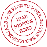 sefton war memorial stamp logo with "sefton 75 beyond the war memorials" around the outside and "1945 sefton 2020" in the middle