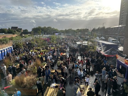 A crowd of people at Salt and Tar, taken from above.