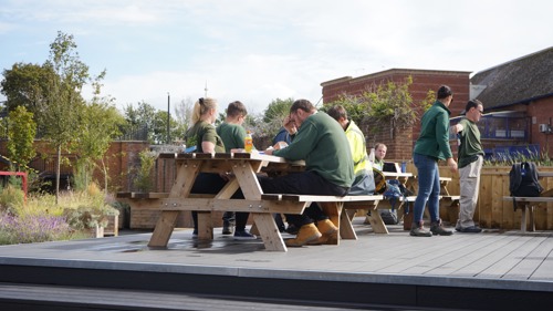 People sitting at a picnic bench