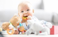 baby playing with teddys