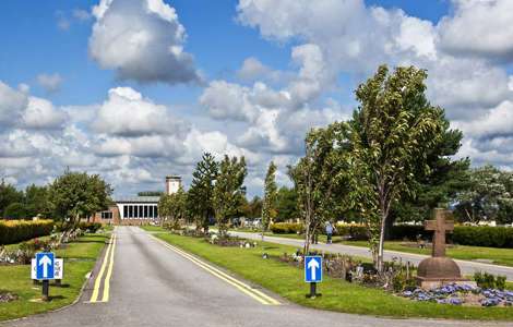 View up the drive to Thornton Crematorium