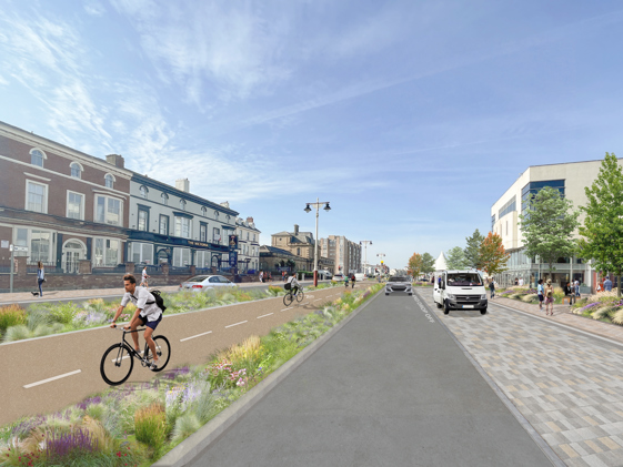 people crossing the street and walking to the MLEC building. This picture shows what the changes might look like when viewed along the Promenade. There are plants and trees, a path for bikes, and parking spaces.