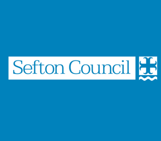 White Sefton Council logo on blue bacground