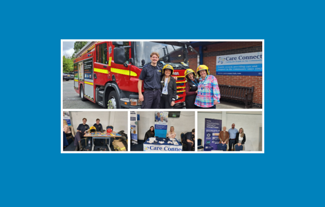 Firefighters and Care Connect staff pose by a fire truck and at information booths.